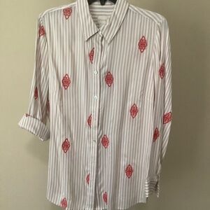 Chico’s Taupe Stripe on Cream Blouse with Pink Embroidered Medallions Size 1